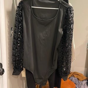 Grace Karin XL Black Bodysuit Floral Accent Sleeves